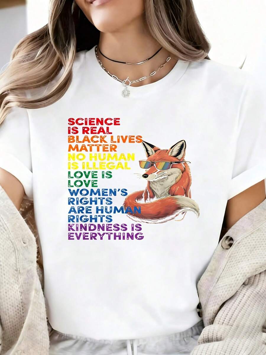 Casual Plus Size White Tee Featuring 'Science Is Real' Rainbow Text & Cool Fox Graphic, Short Sleeve Round Neck Regular Fit T-Shirt For Everyday Fashion - 白色 - 查看 1