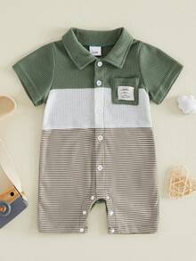Mono de Verano para Niños, a la Moda, con Rayas de Color en Contraste, Manga Corta y Cuello de Solapa - Verde - Ver 6