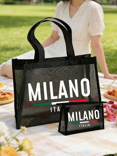 1/2 Pieces Set Of "Milano Italia" Mesh Shopping Bag And Makeup Bag, Large Capacity Transparent Beach Bag With Matching Makeup Bag, Perfect For Carrying Beach Supplies, Groceries, Daily Necessities And Cosmetics, Suitable For Fashion Enthusiasts, Vacationers, Students, Perfect For Beach Travel, Swimming, Shopping, Work And Weekend Trips.