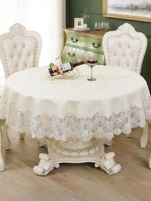 HXARTMIS 1 Stück luxuriöse, elegante beige Tischdecke mit floraler Stickerei und Kante, dekorative runde Tischdecke für den Esstisch, schützende runde Tischdecke - Weiss - Übersicht 13