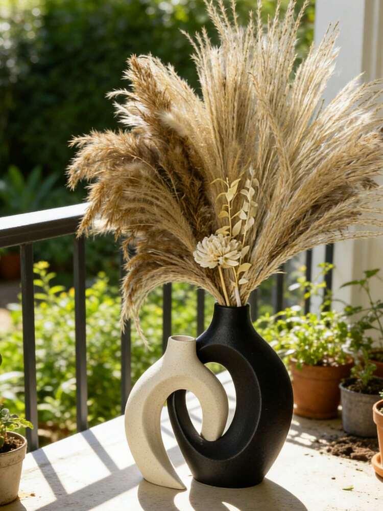 Modern Black & Beige Interlocking Donut Vase Set Of 2, Minimalist Hollow Circular Resin Flower Vases, Boho Home Decor For Living Room, Dining Table, Bedroom Shelf, Entryway, Ideal Housewarming & Wedding Gift, Contemporary Accent For Coffee Table & Office Desk, Perfect For Dried Pampas Grass & Floral Arrangements - A - View 4