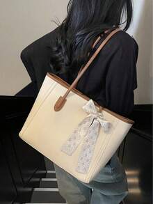 Fashionable Solid Color Scarf Decor PU Tote Bag, Large Capacity Commuter Vintage Minimalist Shoulder Bag, Versatile Handbag Suitable For Women - 米色 - 查看 11