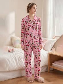 Disney 2件套卡通印花荷叶边领休闲长袖裤女式睡衣套装 - 粉色 - 查看 6