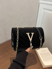 时尚纯色菱格纹翻盖小方包，时尚PU链条斜挎包，女士时尚流苏装饰迷你单肩包钱包，适合购物 - 黑色 - 查看 9