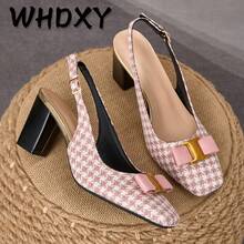 WHDXY Giày cao gót hở gót họa tiết răng cưa sang trọng dành cho nữ, mũi vuông, khóa kim loại, gót dày, thanh lịch cho công sở và những buổi hẹn hò. - Màu Hồng baby - Xem 1