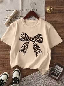 2 Stück/Set Mädchen süßer Leoparden-Muster Schleife Dekor Kurzarm Top + Weite Hose, weich & bequem, Teenager Mädchen Kleidung, Kinderoutfit, Sommer Mode Neuankömmling - Aprikosenfarben - Übersicht 4