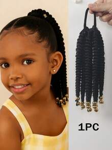 1Pc/2Pcs 8 Inches Kids Fluffy Curly Short Ponytail Wig With Gold Or Silver Beads, Heat-Resistant Synthetic Fiber, Suitable For Girls/Children - Black - View 12