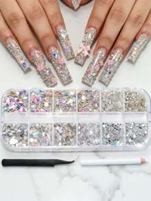 12 Grids Box Nail Rhinestones DY Gems With Tweezer And Nail Art Pen Nail Art Tool Set - Baby Pink - View 3