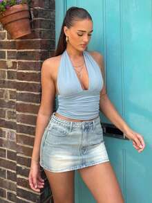 女士无袖纯色露背V领性感吊带背心，适合度假、旅行、节日、毕业典礼等夏季场合。 - 淺藍色 - 查看 3