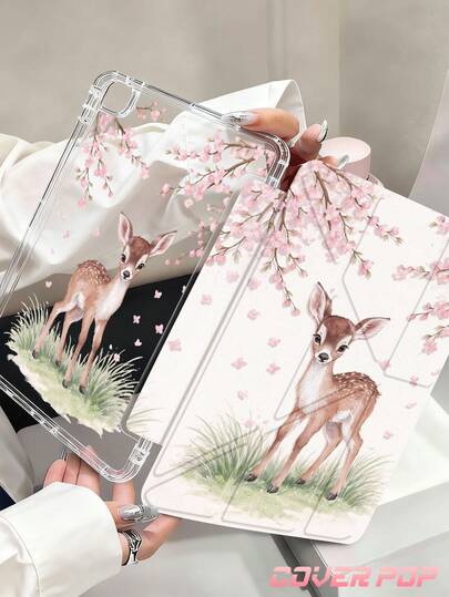 Cherry Blossoms And Deer Pattern Tablet Case Compatible With IPad Air 11-Inch M3 2025 / M2 2024, Air 5th Generation 2022 , (A16) 11 Inch 11th Generation 2025,Compatible With Samsung Galaxy Tab,Kindle Paperwhite 12th Gen 2024, Clear Back ,Fashion Pattern Protective Case,Autlueomatic Sleep And Wake-Up Function, Airbag Protection, Suitable For Gifts And Office Use