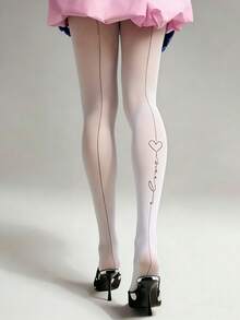 1 Pair White Sheer Tights With Black Heart Print Sexy Contrast Pattern Stockings Daily Wear - Multicolor - View 5