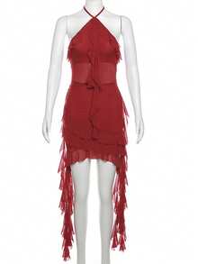 YeonC Lace-Up Halter Backless Fitted Bodycon Mini Dress With Sheer Mesh, Ruffle Hem And Tassel Trim - Red - View 9
