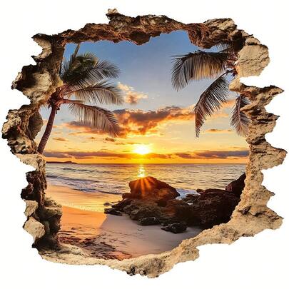 1 miếng dán cửa sổ 3D hình cây dừa ven biển, hoàng hôn và thuyền buồm, chất liệu PVC bóng, thích hợp dán tường phòng khách, tự dính, có thể tháo rời, không để lại cặn, tạo không khí ven biển.