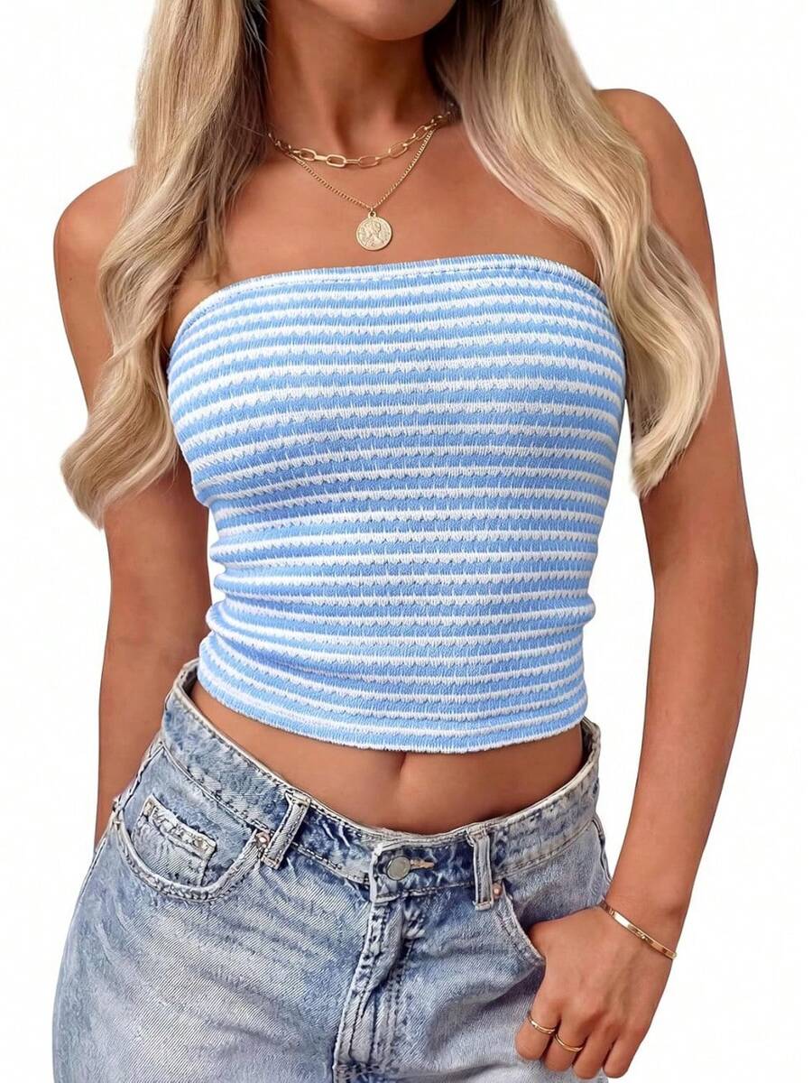 Women's Spring Striped Strapless Crop Tube Tops 2026 Summer Knit Bandeau Going Out Shirts Y2K Beach Vacation Outfits - Màu xanh nhạt - Xem 1