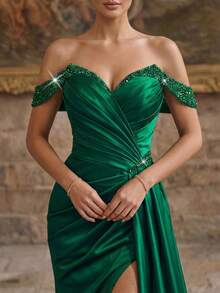 Sleeveless Woven Fabric Off-Shoulder Mermaid Formal Dress With Ruched Wrap-Around Long Gown - Green - View 4
