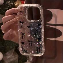 Ốp lưng điện thoại trong suốt màu đen bóng sang trọng hình nơ, trái tim và ngôi sao, che phủ toàn bộ màn hình, phù hợp với 17, 17air, 17pro, 17 Pro Max, 16, 15, 14, 13, 12, 11 Pro Max, có đính đá bảo vệ ống kính, chất liệu TPU mềm dẻo chống sốc và chống rơi vỡ, dùng được cho cả nam và nữ. - Trong sáng - Xem 2