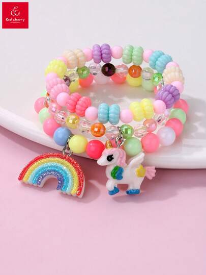 3件套树脂小马和彩虹亚克力珠手链套装，日常饰品，女孩礼物