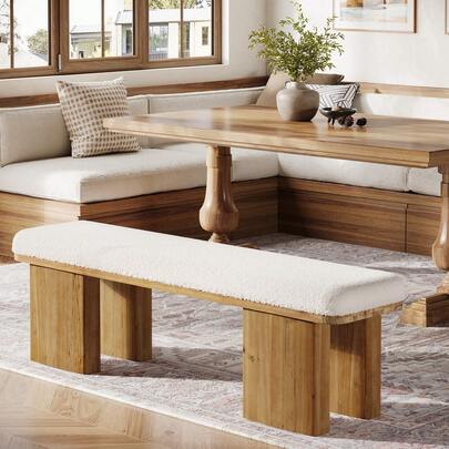 Tribesigns 59-Inch Solid Wood Dining Bench, Modern Upholstered Kitchen Bench With Faux Shearling Cushion & Heavy-Duty Legs For Dinner Room, Living Room, White & Brown