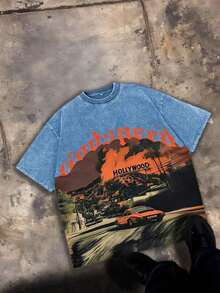 Break The SystemMen's Washed Vintage Crewneck T-Shirt, 100% Cotton 180GSM, Godspeed Highway Car Print, Retro Faded Style, American Streetwear, - 藍色 - 查看 5