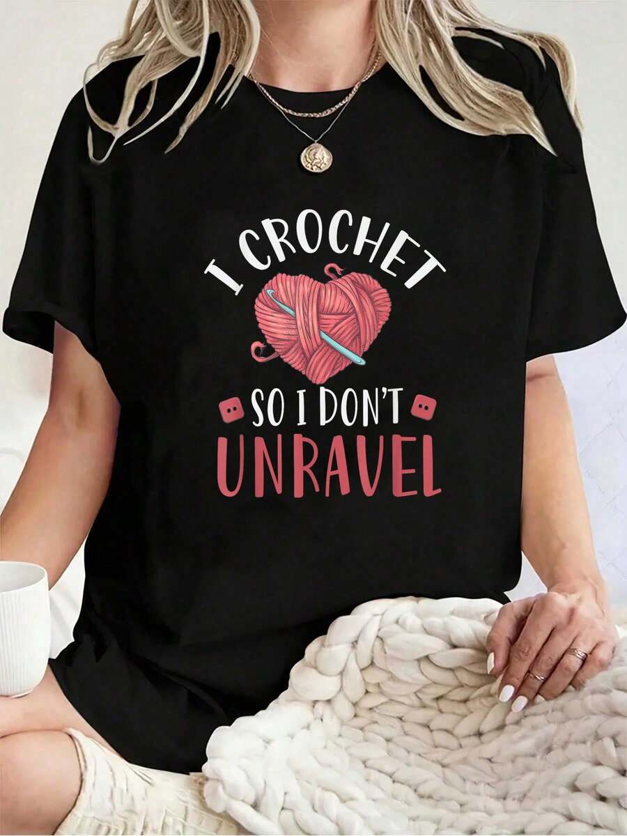 Camiseta Unisex 100% Algodón con Estampado Divertido "Yo hago crochet para no deshilachar", Camiseta de Hombre y Mujer, Manga Corta, Cuello Redondo - Negro - Ver 1