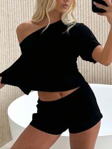 Women Summer Pajama Set Solid Color Off Shoulder Short Sleeve Tops And Mini Shorts 2 Piece Lounge Outfit - Black - View 2