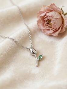 1pc S925 Sterling Silver Zirconia Inlaid Tulip Pendant Necklace, Sweet & Cute Rose Flower Minimalist Delicate Clavicle Chain, Suitable For Girls, Students For Daily Wear - Tulip - View 10