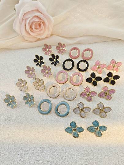 3-6对女士多款耳环套装，色彩鲜艳的不锈钢首饰，金色耳环套装，不规则几何花朵耳环套装，珐琅耳环，简约圆形耳钉，黑色、绿色、红色、白色大花朵耳环