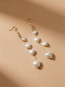 1 Pair Women's Romantic Heart & Faux Pearl Earrings, European And American Style Long Tassel Earrings, Unique Ear Clips - Yellow Gold - View 2