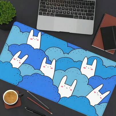 可爱卡通猫咪鼠标垫，卡哇伊蓝白大号桌面垫，办公桌配件，缝边防滑鼠标垫，橡胶底座，电脑键盘桌面垫，35.4x15.7英寸桌垫，适用于家庭办公室，可作为礼物送给朋友，男女皆宜