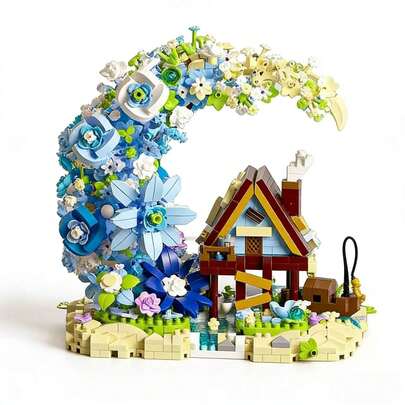 1 Set, 1300+ Pezzi, Kit di costruzione di una casa sull'albero a forma di luna e fiori, in materiale plastico ABS, modello di architettura floreale, stile fiabesco, tonalità blu e bianca, forma a mezzaluna con fiori in fiore e casetta accogliente, giocattolo creativo fai-da-te adatto per bambini e bambine di età superiore ai 6 anni, regalo per San Valentino/Festa della Mamma/Natale/decorazione da camera da letto