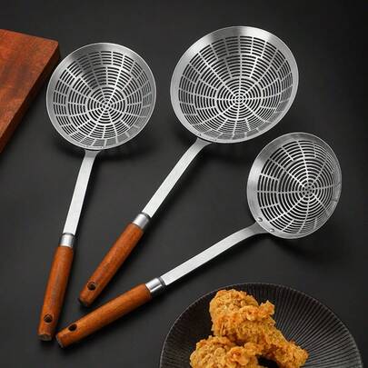 1pc Stainless Steel Strainer Ladle With Wooden Handle - Suitable For Restaurant Kitchen, Used To Scoop Noodles, Dumplings, Fried Foods, Dishwasher , Easy To Clean And Store, Essential Kitchen Tool