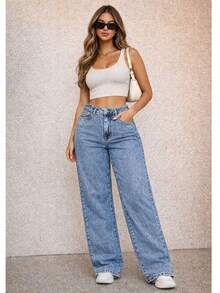 Calça Wide Leg Feminina Confortável Casual Versátil Elegante Moderna Qualidade Blogueira - Lavagem clara - Visão 2