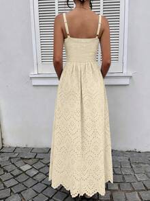 Womens Sleeveless Maxi Summer Dresses 2026 Hollow Out Eyelet Square Neck Ruffle Flowy Beach Vacation Sundress - 米色 - 查看 5