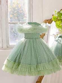 Váy nơ trễ vai lưới xếp nếp thanh lịch dành cho bé gái, thích hợp cho các buổi khiêu vũ ở trường, tiệc sinh nhật - màu xanh lá - Xem 3