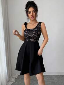 女士优雅中长连衣裙，性感蕾丝不对称露肩连衣裙，女士派对及日常穿着连衣裙，女士A字收腰连衣裙，情人节约会装扮 - 黑色 - 查看 7