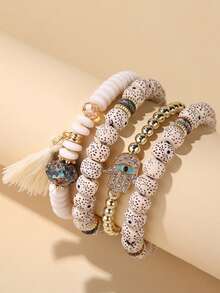 4pcs Boho Beaded Bracelet Set For Women, Hamsa Hand Evil Eye Charm, Summer Beach Vacation Jewelry - Beige - View 3