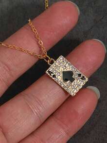 全新全镶钻黑桃A吊坠，朋克嘻哈风格个性时尚项链，复古哥特式不锈钢链项链，男女皆宜 - 金黃色 - 查看 2