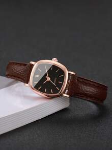 Set de 2 piezas: Reloj de pulsera de cuarzo elegante para mujer con esfera cuadrada y esfera pequeña + Pulsera con dije de corazón (Caja de reloj no incluida) - Marrón - Ver 8