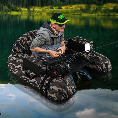  COSTWAY Inflatable Float Tube, Fishing River Float With Adjustable Fishing Rod Holder, Fish Hook Stator, Aluminum Paddle, Flippers, Pump & Repair Kit, Portable Belly Boat, Camouflage