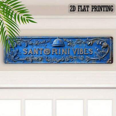 2D Flat, 1pc, Home Decor Plaque & Signage, Greek Santorini Style Metal Plaque Wall Art, Outdoor Pool Decor, Suitable For Cafe, Terrace, Backyard, Patio, Porch, Bathroom, Pool, Beach House, Summer Holiday Gift, Size 10.16 X 40.64 Cm, 2D Flat
