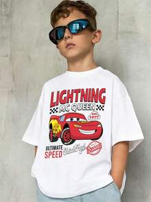 Disney Cars MaterChief, Paired With "ULTIMATE SPEED" And Vintage Checkered Elements, Is A Must-Have For Racing Fans Print Pattern Summer Tops,Short-Sleeved Casual And Cute Style  Children's Clothing Design, Boy Clothes For Kids ,Ropa Para Niños,Boy Clothes For Kids,Graphic Tee, Summer Clothes,Perfect For Cool Boy. Comfortable And Breathable Children's Short-Sleeved T-Shirt. Comfortable And Casual Wear All Year Round 180g Pure Cotton Children's Clothes,Comfortable & Lightweight, Iconic Print For Mix-And-Match Outfits,Suitable For Both Boys And Girls. - 白色 - 查看 2