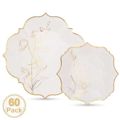 Bộ 60 đĩa giấy màu trắng viền hoa vàng, đĩa tráng miệng 7 inch và đĩa ăn tối 9 inch, đĩa giấy viền vàng hình lượn sóng, thích hợp cho đám cưới, lễ kỷ niệm, sinh nhật, ngày cưới, tiệc cô dâu, phục vụ 30 khách.