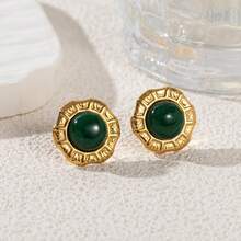 1 Pair 18K Gold Plated Stainless Steel Bohemian Sunflower & Tiger Eye Stone Earrings, Vintage High-End Fashion Earrings For Women - Gold - View 3