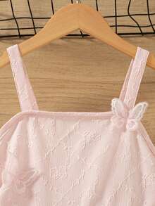 女童休闲纯色无袖及膝连衣裙，层叠荷叶边下摆，蝴蝶装饰，适合春夏穿着 - 粉色 - 查看 3