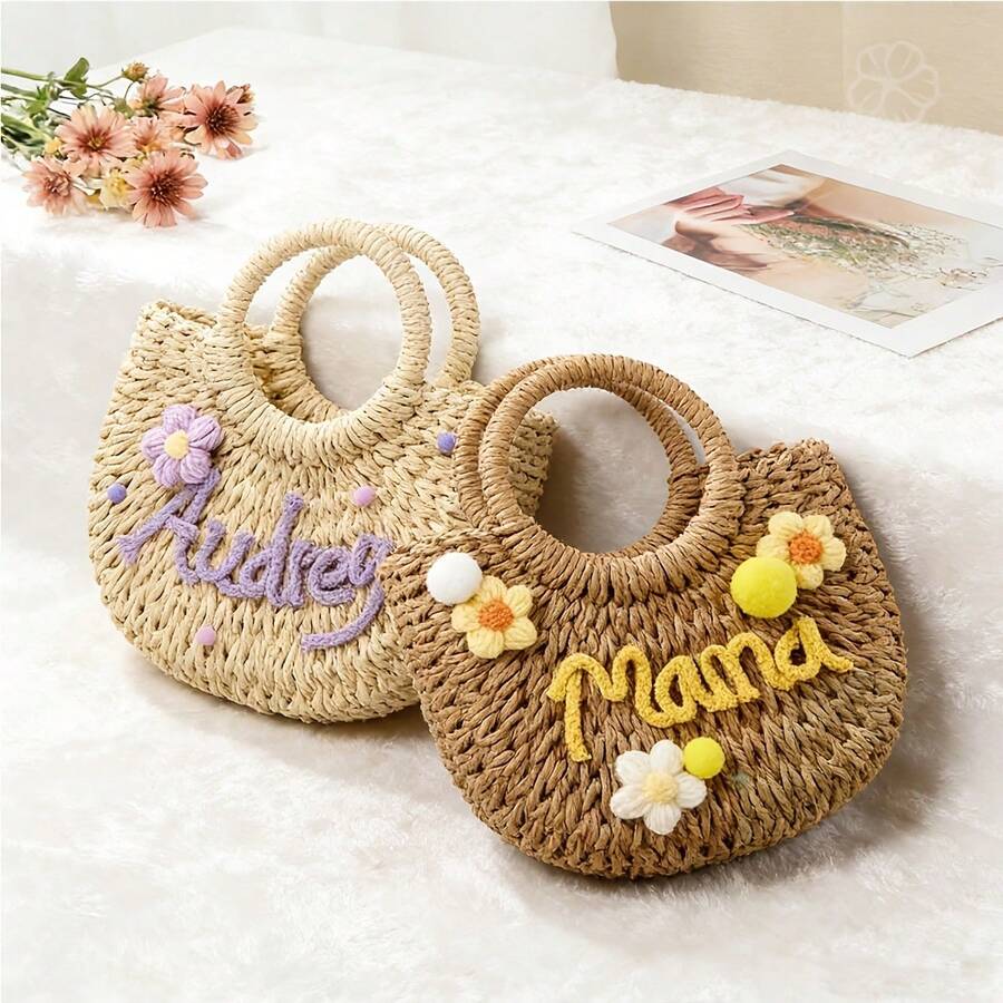 1 chiếc túi tote vải bố in tên theo yêu cầu, túi đi biển dệt cá nhân hóa, quà tặng cho phù dâu, túi xách mùa hè phong cách boho, quà tốt nghiệp, giỏ quà tiệc độc thân, quà cưới/giỏ quà cho bé gái cầm hoa, túi du lịch dung tích lớn dễ thương. - Nhiều màu - Xem 1