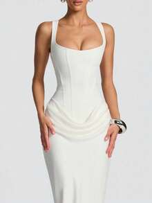 Cornelia 女士性感吊带修身长裙，夏季缎面褶皱连衣裙，后背系带，优雅适合生日派对、鸡尾酒会 - 白色 - 查看 4