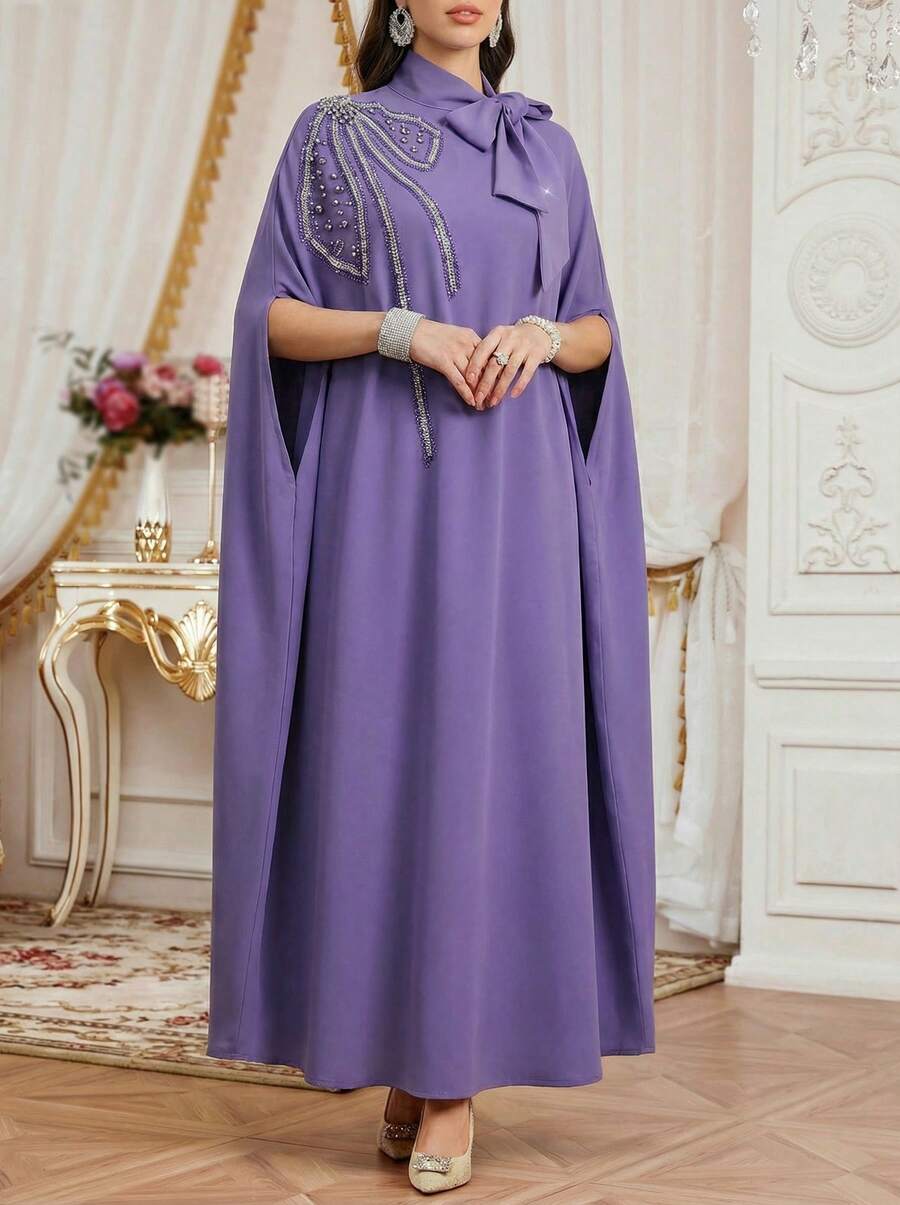 Solessence 女士纯色领结优雅阿拉伯长袍，带串珠刺绣和肩部贴花，朴素的卡夫坦长袍