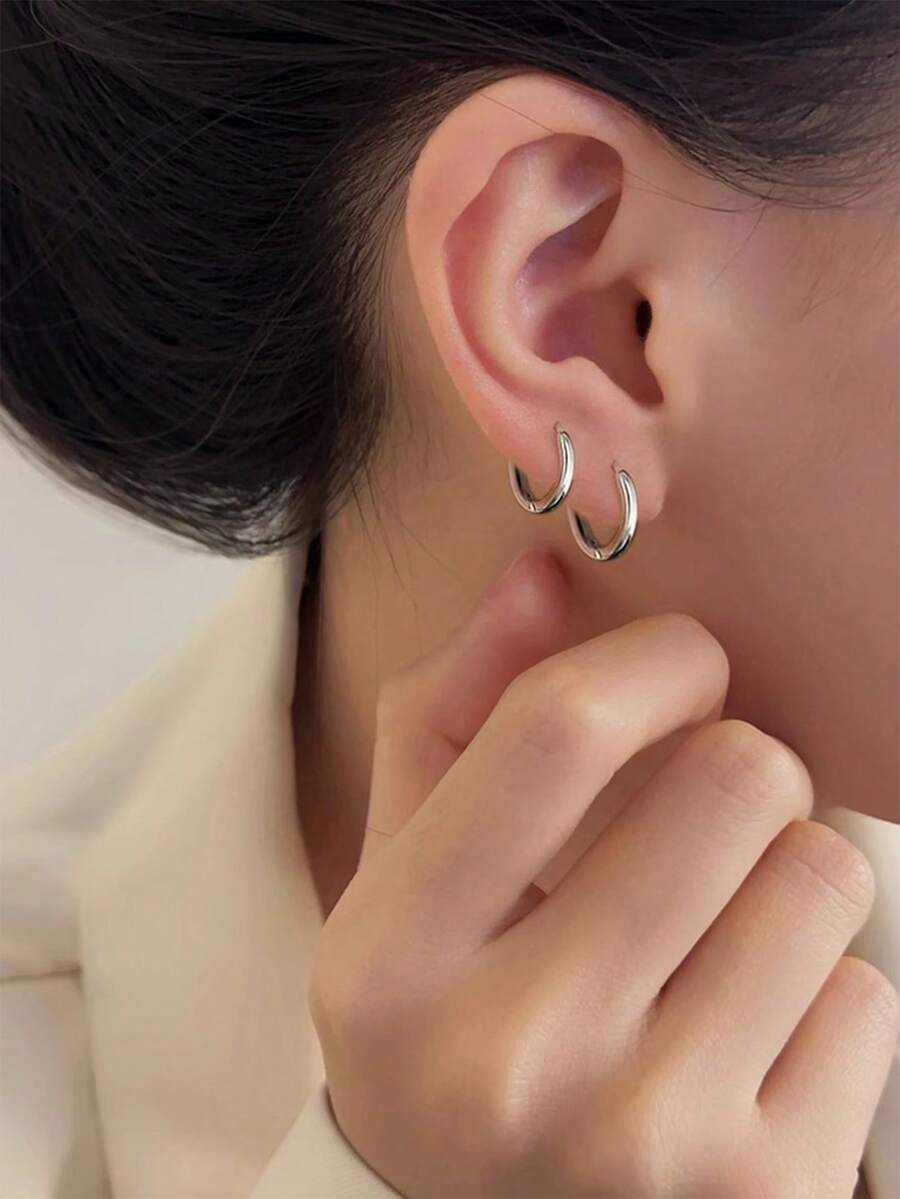 3pcs/Set Stainless Steel Basic Hoop Earrings, 8mm/10mm/12mm Earring Set For Women - Silver - View 1
