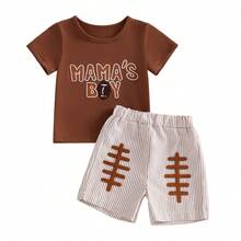 Toddler Baby Boy Summer Outfits Letter Baseball/Football /Rugby Embroidery Short Sleeve T Shirt And Plaid Shorts 2 Pcs Set, Toddler Baby Boy Football Clothing Set, - 紅棕色 - 查看 1