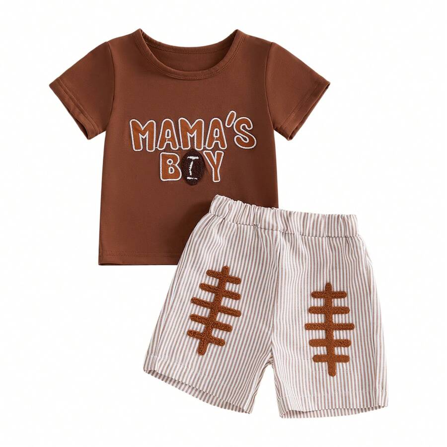 Toddler Baby Boy Summer Outfits Letter Baseball/Football /Rugby Embroidery Short Sleeve T Shirt And Plaid Shorts 2 Pcs Set, Toddler Baby Boy Football Clothing Set, - 紅棕色 - 查看 1